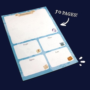 Peut inclure: Une feuille de notes de session bleue et blanche avec des sections pour les personnes, les lieux, les quêtes et le butin. La feuille a une bordure décorative et comprend le texte "50 PAGES!" avec une flèche pointant vers la feuille.