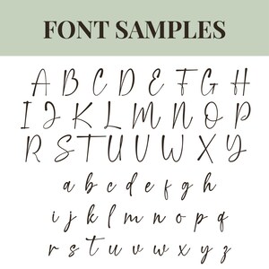 May include: A font sample chart featuring the text FONT SAMPLES in dark brown at the top, followed by a complete set of uppercase and lowercase letters in a thin, dark brown, handwritten script style on a white background.