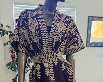 Palestinian Jordanian Purple Embroidered Tatreez Abaya Bisht Kaftan Thobe with Gold embroidery & an Embroidered belt