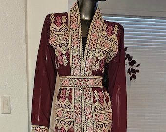 Burgundy Embroidered Palestinian Abaya, Chiffon Kaftan with Belt