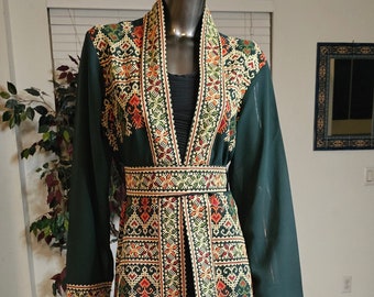 Green Embroidered Chiffon Abaya, Palestinian Tatreez Kaftan with Belt