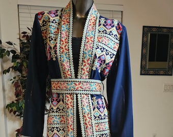 Navy Blue Embroidered Chiffon Abaya: Palestinian Tatreez Kaftan with Belt