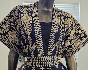 Palestinian Jordanian Dark Blue (Navy Blue) Embroidered Tatreez Abaya Bisht Kaftan Thobe with Gold embroidery & an Embroidered belt