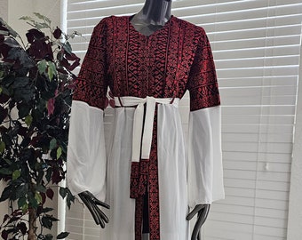 Embroidered Chiffon Abaya Thobe: Red Tatreez, Belted Kaftan Dress