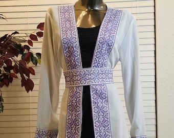 White Chiffon Kaftan Jacket with Purple Embroidery & Belt