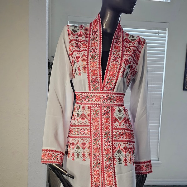 Palestinian Jordanian Embroidered white Chiffon abaya Thobe Kaftan, Bisht with red beautiful tatreez on front and back (Comes with belt)