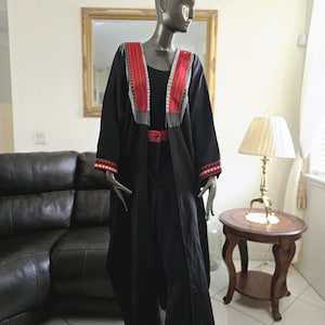 2 Pieces Embroidered Pants and Embroidered Kaftan Black Thobe / Kaftan with Red Embroidery  - Tatreez