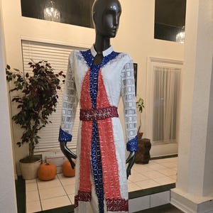 Elegant Long Sleeve white see through long Dress Abaya / Thobe / Kaftan with red and blue tatreez embroidery (3 Pieces)