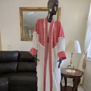 White Thobe / Kaftan / Abaya with Palestinian Jordanian red and White shemagh شماغ  Embroidery  - Tatreez  Dress ( 2 Pieces ) with belt