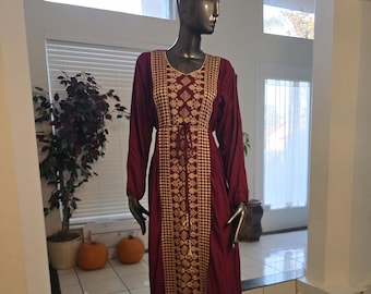 Embroidered Burgundy Abaya Dress, Golden Tatreez, Long Sleeve Kaftan