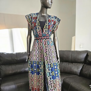 Colorful Tatreez Bisht, Kaftan, Thobe, Abaya with Embroidered colored belt Jordanian Palestinian Modern Style (#05)