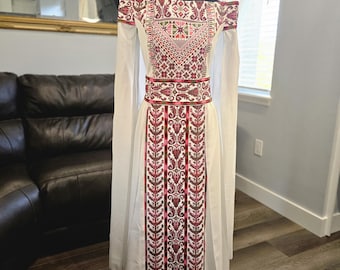 White embroidered off-shoulder Gown Dress thobe with Burgundy embroidery Tatreez & embroidered belt