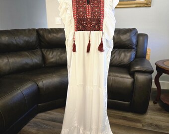 White Embroidered Palestinian Sleeveless Dress with Red Tatreez