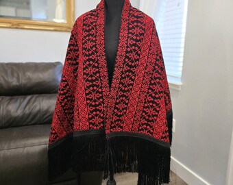 Black Palestinian Shawl Cape Wrap with Red Embroidery and Fringe – Tatreez Style