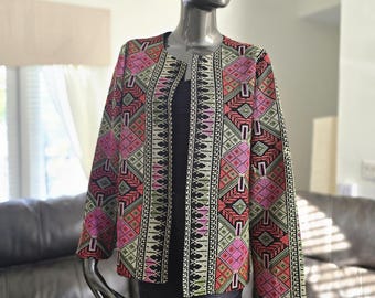 Full Embroidered Palestinian Jordanian Jacket with Gold, Red and Pink Tatreez from font, Back & sleeves Size 3/ Medium