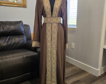 Brown georgette Chiffon Abaya, Kaftan, Thobe with Gold Embroidery/Tatreez Palestinian Jordanian & belt