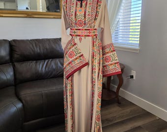 Elegant Beige Jordanian Palestinian Thobe Dress Abaya Full Red & Colorful Embroidery tatreez