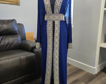blue georgette Chiffon Abaya, Kaftan, Thobe with Gold Embroidery/Tatreez Palestinian Jordanian & belt