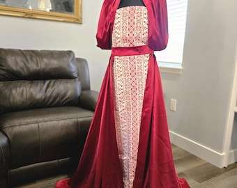 White Strapless Gown Dress with Red Tatreez Embroidery, Satin Overskirt, Belt