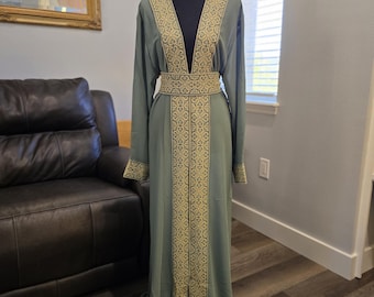 sage green georgette Chiffon Abaya, Kaftan, Thobe with Gold Embroidery/Tatreez Palestinian Jordanian & belt