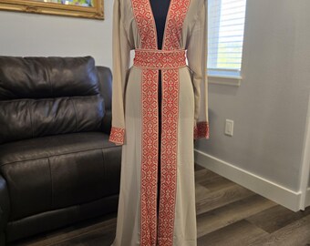 Beige georgette Chiffon Abaya, Kaftan, Thobe with Red Embroidery/Tatreez Palestinian Jordanian & belt