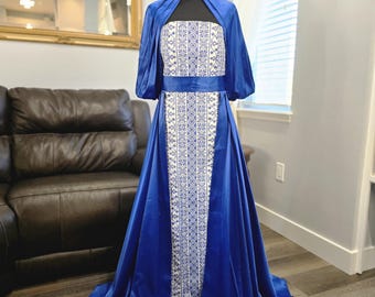 White Embroidered Thobe Gown with Blue Tatreez, Satin Overskirt & Belt