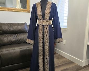 Navy Blue Chiffon Abaya with Gold Tatreez Embroidery, Belted Kaftan Thobe