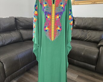 Green Georgette Tatreez Thobe Palestinian Abaya with Colorful embroidery Tatreez