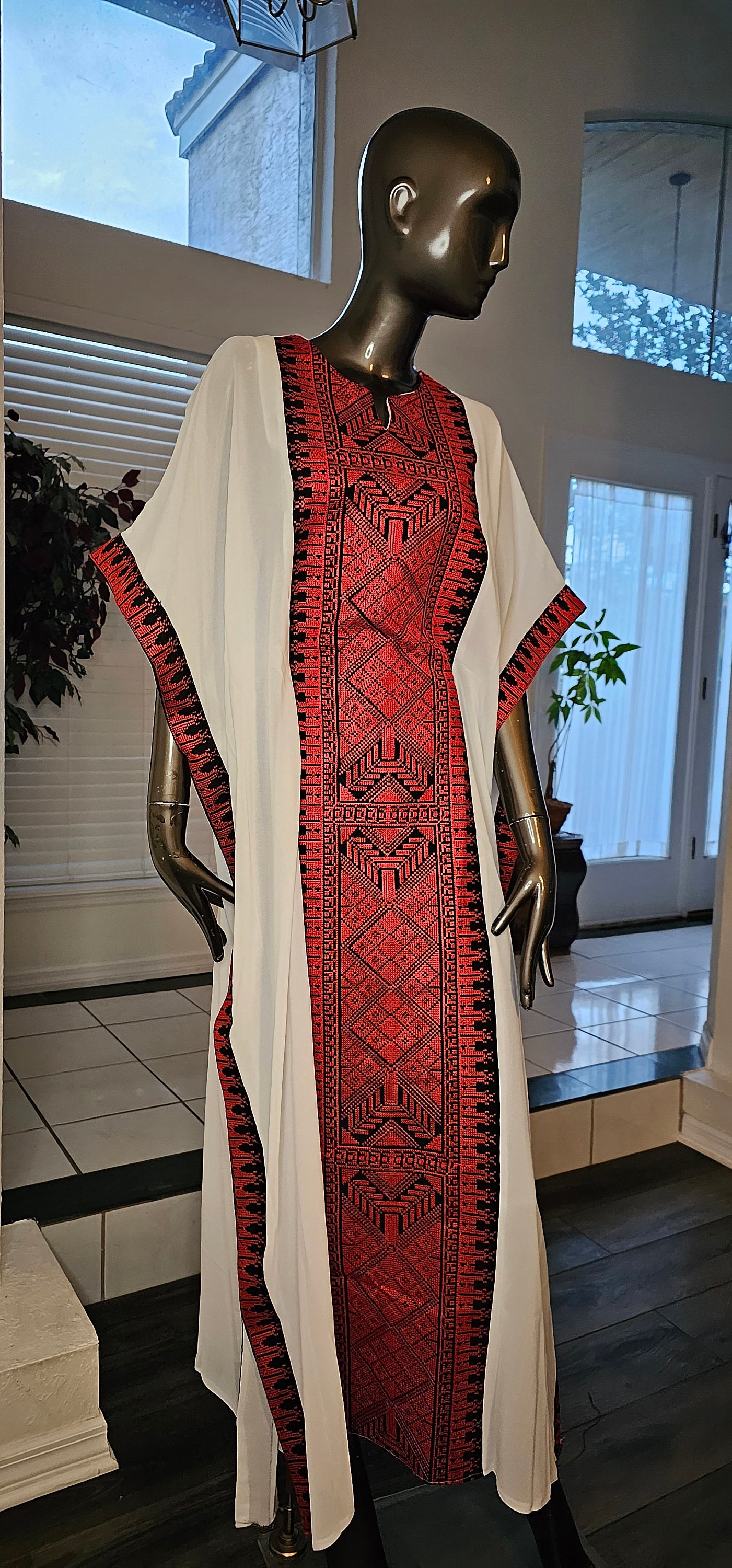 Red Palestinian Embroidery White Tatrez Dress main image 0