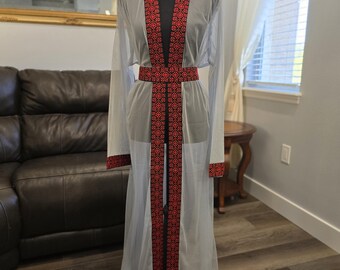 Gray Chiffon Abaya, Kaftan, Thobe with Red Embroidery/Tatreez Palestinian Jordanian & belt