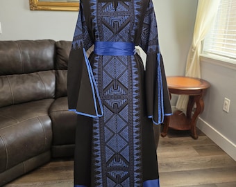 Embroidered / Tatreez Black and Blue Jordanian Palestinian Thobe Dress Kaftan Abaya with satin belt.