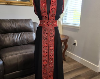 Palestinian Jordanian Sleeveless Black Chiffon Abaya, Kaftan Red Tatreez & Red Embroidered / tatreez belt
