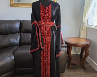 Embroidered Black dress with red tatreez with Crystal Accents & Belt (2 Pieces)