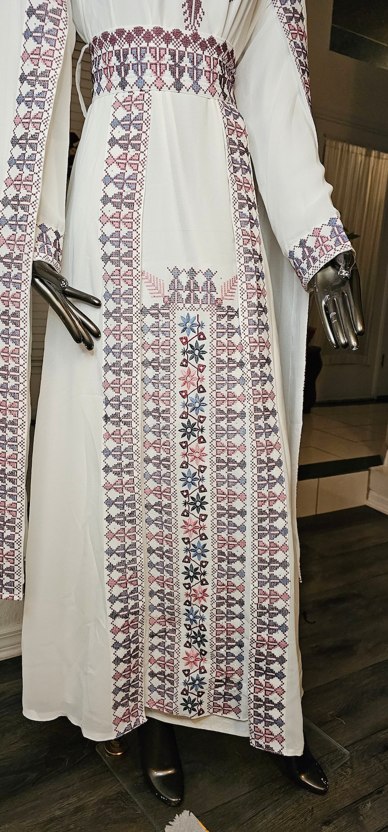 Zaytoon® Palestinian Thobe Tatreez Dress with White and Red Embroidery