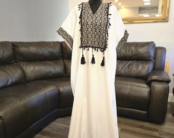 White Embroidered Palestinian Sleeveless Dress with black and gold embroidery Tatreez
