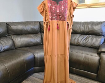 Camel / Brown Embroidered Palestinian Sleeveless Dress with Red Tatreez