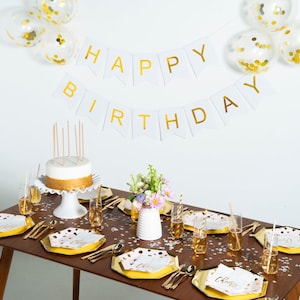 White and Gold Pennant Happy Birthday Banner, Reusable Gold Letter Happy Birthday Banner with Hanging String
