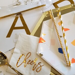 Birthday Party Kit for Adults, Birthday Kit For 4, Gold Birthday Party, Gold Happy Birthday Banner, Cheers Napkins, Confetti Balloons