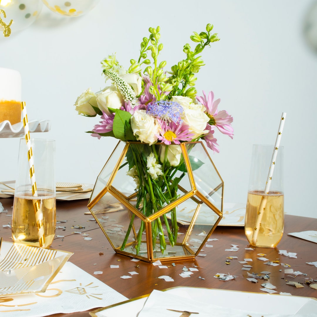 Gold Glass Terrarium Centerpiece Party Table Decor, Modern Gold