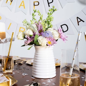 White Grooved Ceramic Vase for Everyday Use or Party Decor, Tapered Ceramic Vase for Flowers, Centerpiece Vase