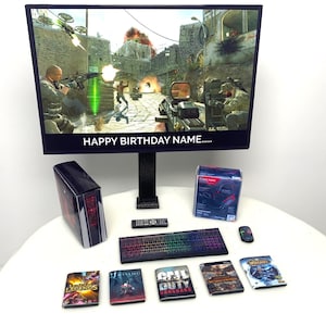 Personalizzato Gamer PC Birthday Cake Toppers / Immagine personalizzata + Messaggio sulla TV / Bambini Adulti Adolescenti Novità Giocatori Cake Toppers