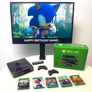 Gamers Cake Topper personalizzato / Xbox One Bundle + Immagine personalizzata + Messaggio sulla TV / Sonic Childrens Birthday Cake Toppers