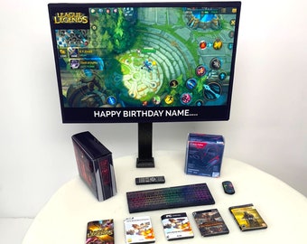 Gaming PC Geburtstag Cake Topper | PERSONALISIERT Set | Wunschbild + Nachricht auf dem Fernseher | Kinder Erwachsene Teenager Neuheit Gamer Cake Toppers