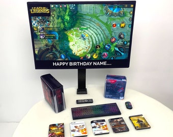 Gaming PC Birthday Cake Toppers | PERSONALISED Set | Custom Image + Message on the TV | Children Adults Teenager Novelty Gamers Cake Toppers