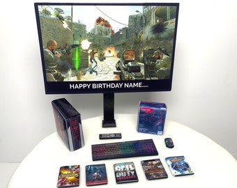 Personalisierter Gamer PC Geburtstag Tortenstopper | Personalisiertes Bild + Nachricht auf dem Fernseher | Kinder Erwachsene Teenager Novelty Gamer Cake Toppers