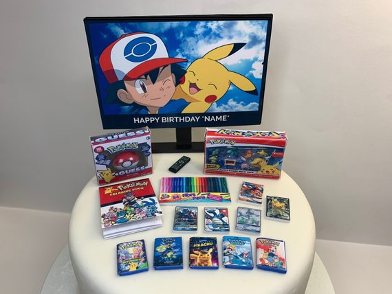 Personalised Name & Age Pokemon Birthday Glitter Cake Topper Blue and Yellow Personalised Name & Age Pokemon Birthday Glitter Cake Topper Blue and Yellow