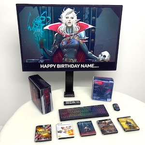Personalizzato Gamer PC Birthday Cake Toppers / Immagine personalizzata + Messaggio sulla TV / Bambini Adulti Adolescenti Novità Giocatori Cake Toppers