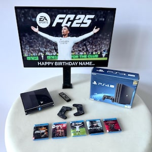 Topper per torta FIFA / PERSONALIZZATO / Pacchetto PS4 / Immagine personalizzata + messaggio sulla TV / Bambini Adulti Adolescenti Topper per torta di compleanno a tema calcio