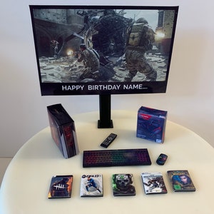 Topper per torta di compleanno per PC da gioco / Set PERSONALIZZATO / Immagine personalizzata + Messaggio sulla TV / Topper per torta per bambini per adolescenti e adolescenti