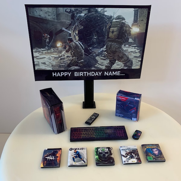 Gaming PC Birthday Cake Toppers | PERSONALISED Set | Custom Image + Message on the TV | Childrens Adult Teenager Novelty Gamer Cake Toppers